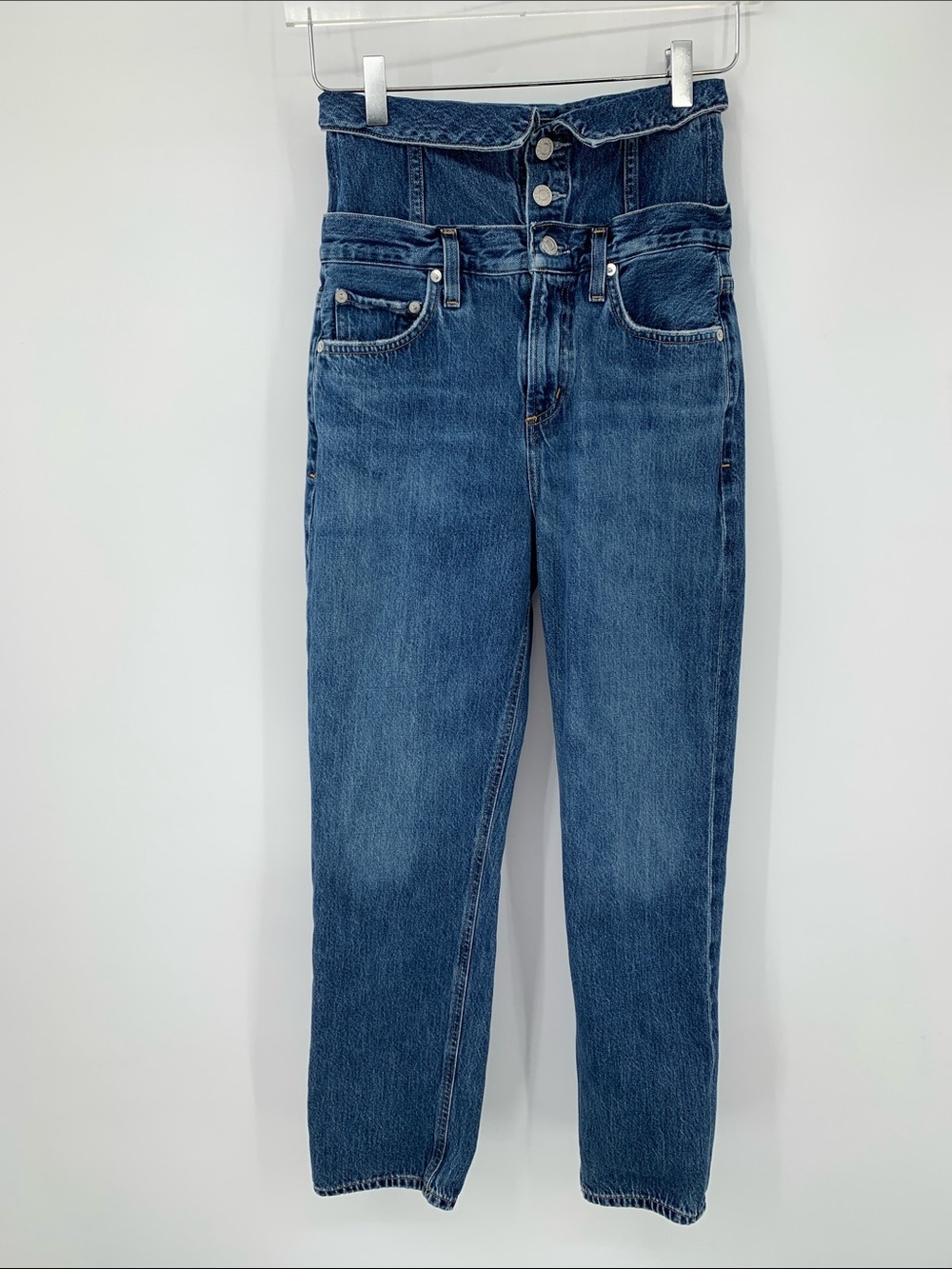 Agolde Vanna Fold over corset denim jeans ribcage high rise blue distressed 25